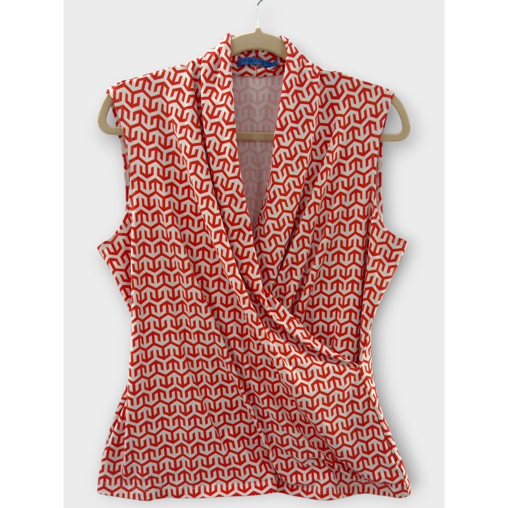 J.McLaughlin Catalina Sleeveless Gulf Top Faux Wrap M White Coral Orange Coastal